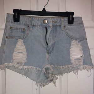 BOOHOO high waisted light wash denim shorts